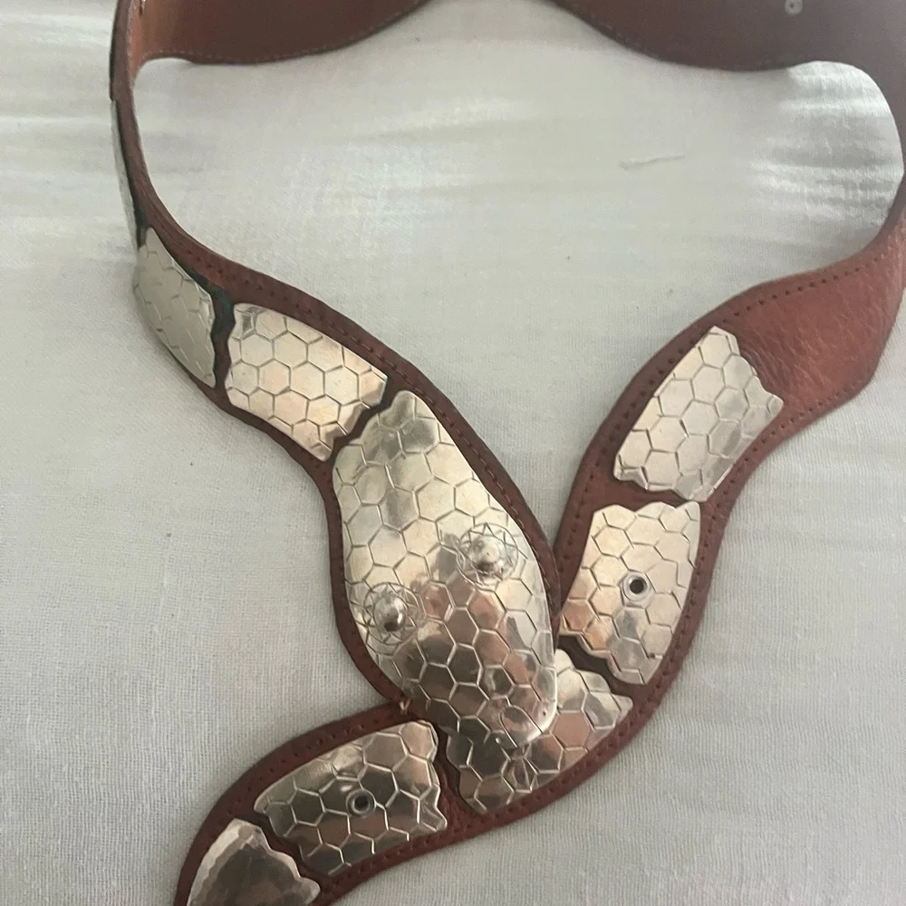 Vintage Silver & Leather Snake Belt with Silver Hexagon etched Plates